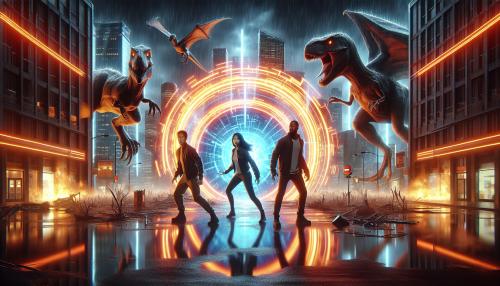 Draw an  image that depicts a dramatic scene with three people standing in front of an LED neon orange round portal in a city setting, surrounded by several menacing dinosaurs. The atmosphere is intense, with reflections on the wet ground and a futuristic, chaotic vibe.  Make the aspect ratio 16:9 