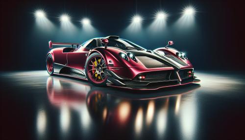 Draw  an image that shows a sleek, cherry red Pagani Zonda with a low, aerodynamic profile, displayed against a dark background. The car features a prominent rear wing, large alloy wheels with yellow brake calipers, and a glossy finish that reflects the light from four bright spotlights positioned above. The overall composition highlights the car's design and performance aesthetics. Make the aspect ratio 16:9 
