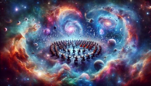  draw a Galactic Symphony: Depict an entire orchestra floating in space, surrounded by vibrant nebulae and swirling galaxies, with stars as the backdrop. Show musical notes floating in space. Make the aspect ratio 16:9 