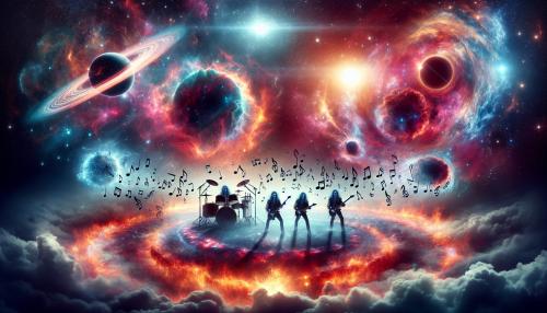  draw an alien rock band playing on a fiery cosmic stage surrounded by vibrant nebulae and swirling galaxies, with stars and a black hole as the backdrop. Show musical notes floating in space. Make the aspect ratio 16:9 