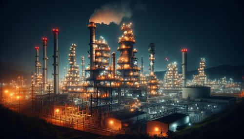 Draw This is a nighttime photograph of a large industrial complex, most likely an oil refinery or a chemical plant.Detailed Description:    Setting: The photo is taken at night, with a dark sky as the backdrop.    Industrial Complex: The sprawling facility dominates the midground. It is a complex network of pipes, distillation towers, and industrial buildings, all brightly illuminated by artificial lights. Numerous red warning lights are visible on top of the taller structures.    Emissions: Several smokestacks are actively releasing large plumes of steam or smoke. These plumes are illuminated from below by the plant's powerful lights, giving them a dramatic orange and white glow against the darkness.    Foreground: The view is partially obstructed by a chain-link fence and dark green foliage in the immediate foreground, suggesting the photo was taken from the perimeter of the facility.    Background: In the far background, behind the plant, the faint silhouette of a hill or mountain range is visible.The overall impression is one of immense industrial activity, capturing the powerful and continuous operation of the plant after dark.
