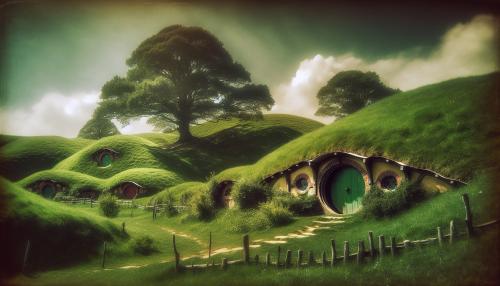 Prados verdes con casas hobbit