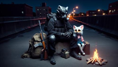 a tall bulky man in black military gear plate carrier and tactical helmet and balaclava black tinted gas mask over his face black gloves and a black worn out trench coat with no visble skin anywhere with a black bulky backpack and a double barrel shotgun and a black breaching sledgehammer and a M1911 sitting next to him as he sits on a concrete floor by a campfire with a streak on a grill over the campfire with his daughter on his lap his daughter a little fox child with no fur and no animal facial features with white hair and long fluffy ears and tail her eyes a shade of red wearing a pink long sleeve shirt stuffed in her blue overalls and socks that go to her knees  and black and white shoes her clothes worn out and a bit dirty as she holds a teddy bear in her right arm and and she grabs a bit of her father's trench coat looking softly at him as he looks back at her and strokes her head with his right hand as she smiles softly and lays against his left arm ready for bed on a rooftop late at night in a dark post apocalypic city
