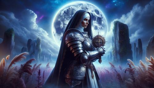 Warrior nun under a harvest moon.