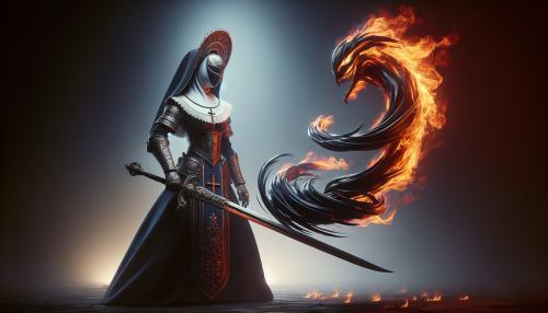 Warrior nun in battle garments, hunting a dark fire spirit. 