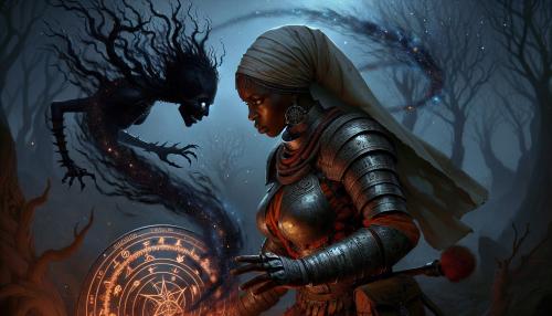 Warrior nun in battle garments, hunting a dark fire spirit. 