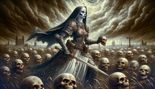 Warrior nun, in a field of demonic shulls.