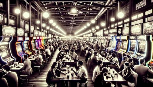 An arcade in a restaurant with arcade lights