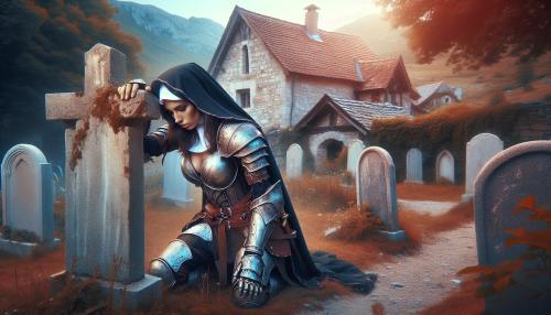 Warrior nun, holding herself up by leaning toomstone after a battle in a small graveyard outside a small family manner.