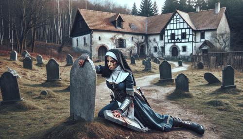 Warrior nun, holding herself up by leaning toomstone after a battle in a small graveyard outside a small family manner.