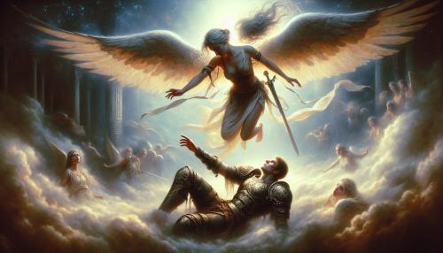 Female angel warrior falling from heven, over her humen. 