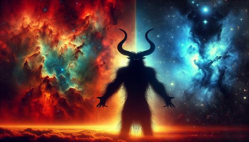 Draw a picture with the main subject is the silhouette of a large, hairy, and horned humanoid creature. Standing with its back to the viewer and its arms outstretched, the figure conveys a sense of immense power or command over its surroundings. Its form is reminiscent of a demon, a primordial deity, or a mythological beast like a minotaur.The background is starkly divided, creating a strong visual contrast that suggests a theme of duality:    Left Side: A vibrant, chaotic red and orange nebula fills the left half of the image. This fiery expanse evokes themes of creation, raw energy, and chaos.     Right Side: A deep blue and black field of stars is dominated by a black hole, its accretion disk glowing with blue light. This side represents forces of destruction, the void, and inescapable finality. The creature stands precisely at the boundary between these two opposing cosmic forces, as if it is the master of both or a being born from their conflict. Make the aspect ration 16;9