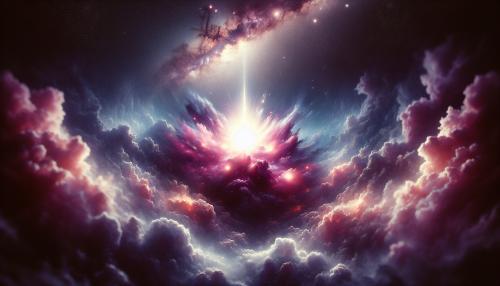 This is a stunning and atmospheric piece of digital art that captures a dramatic celestial event.The Luminous EventThe central focus of the image is an intensely brilliant burst of light nestled within a sea of clouds. This luminous point radiates a bright white and magenta glow, with sharp, powerful beams of light shooting upwards into space. The event could be interpreted in several ways:    The birth of a star from a stellar nebula.    A supernova exploding with incredible energy.    The impact point of a powerful, otherworldly energy source.The Cosmic CloudscapeThis powerful light source is emerging from or resting upon a vast, dense sea of clouds. The clouds themselves are dark and moody, rendered in deep blues and purples. The tops of the clouds are beautifully illuminated by the central light, creating warm highlights of pink and soft orange, which gives the entire scene a sense of immense scale and depth.Celestial BackdropAbove the sprawling cloudscape is the blackness of deep space. In the upper right corner, a distant galaxy, resembling the Milky Way, is faintly visible, grounding the scene in a cosmic context and enhancing its majestic feel.