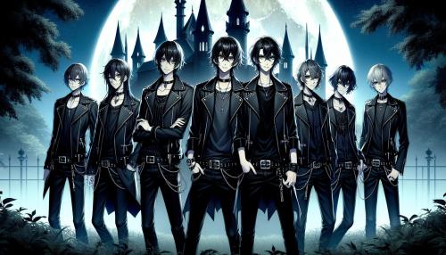 The image features seven anime-style characters, each with long, dark hair and large, expressive eyes typical of the art style. They are dressed in sleek, black leather jackets adorned with zippers and studs, paired with dark pants and shirts, giving them a cohesive, rebellious look. The central figure stands slightly ahead, with a confident pose and hands resting near the belt, while the others stand in a line behind, their expressions serious and focused. The background showcases a gothic castle with tall, pointed towers under a full moon, casting a bluish hue over the scene. The ground is covered with shadowy vegetation, enhancing the eerie, nocturnal atmosphere. 