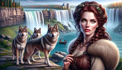 a dark red haired hazel eyed , breathtaking woman viking in 2025 with her wolf dog companions loyal and by her side she waits for her true love to return to make love to her again. location Ontario rainbow falls