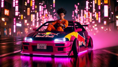 goku black dans une honda civic ej9 rose avec un covring red bull cette voiture sera rabaisser a fond modifier a fond avec des les rose en dessou de la voiture le logo du real madrid sur la voiture et il roule dans la ville ilumine de tokyo 