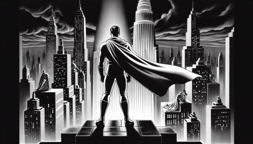 black and white 40's style Noir images of Superman standing on top of a skyscraper looking down on Metropolis at night,highly detailed,HD rendered