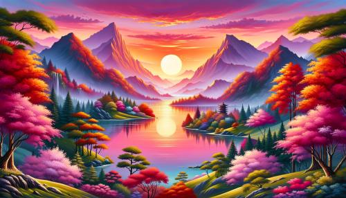 The image showcases a tranquil lake at sunset, nestled between majestic mountains and framed by trees with autumn-hued leaves, their reflections shimmering in the warm pink and orange sky, infused with an Asian twang through delicate cherry blossom accents and subtle pagoda silhouettes. Rolling green hills embrace a small lake, bathed in a vibrant sunset glow of pink and orange, enhanced with an Asian flair featuring gentle bamboo shoots and a distant temple outline.
